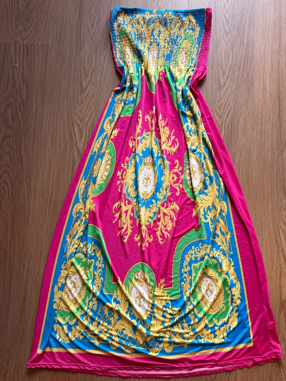Fantastic XL Pink Blue Green Baroque Scarf Print Strapless Maxi Dress